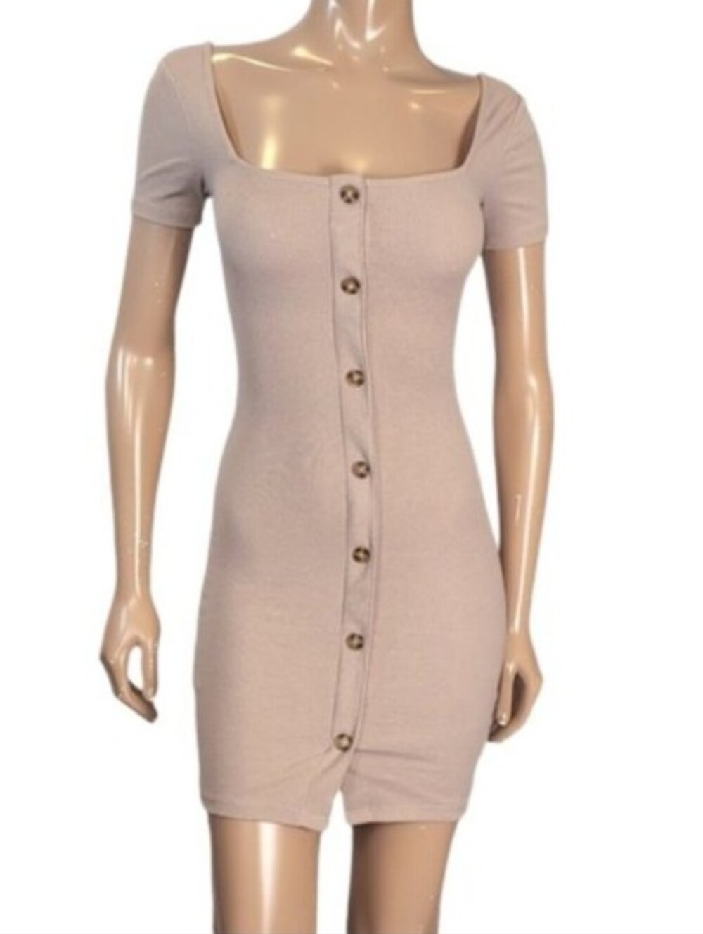 H&M Divided Ribbed Mini Dress Button Front Square Neck Beige Tan Size XS